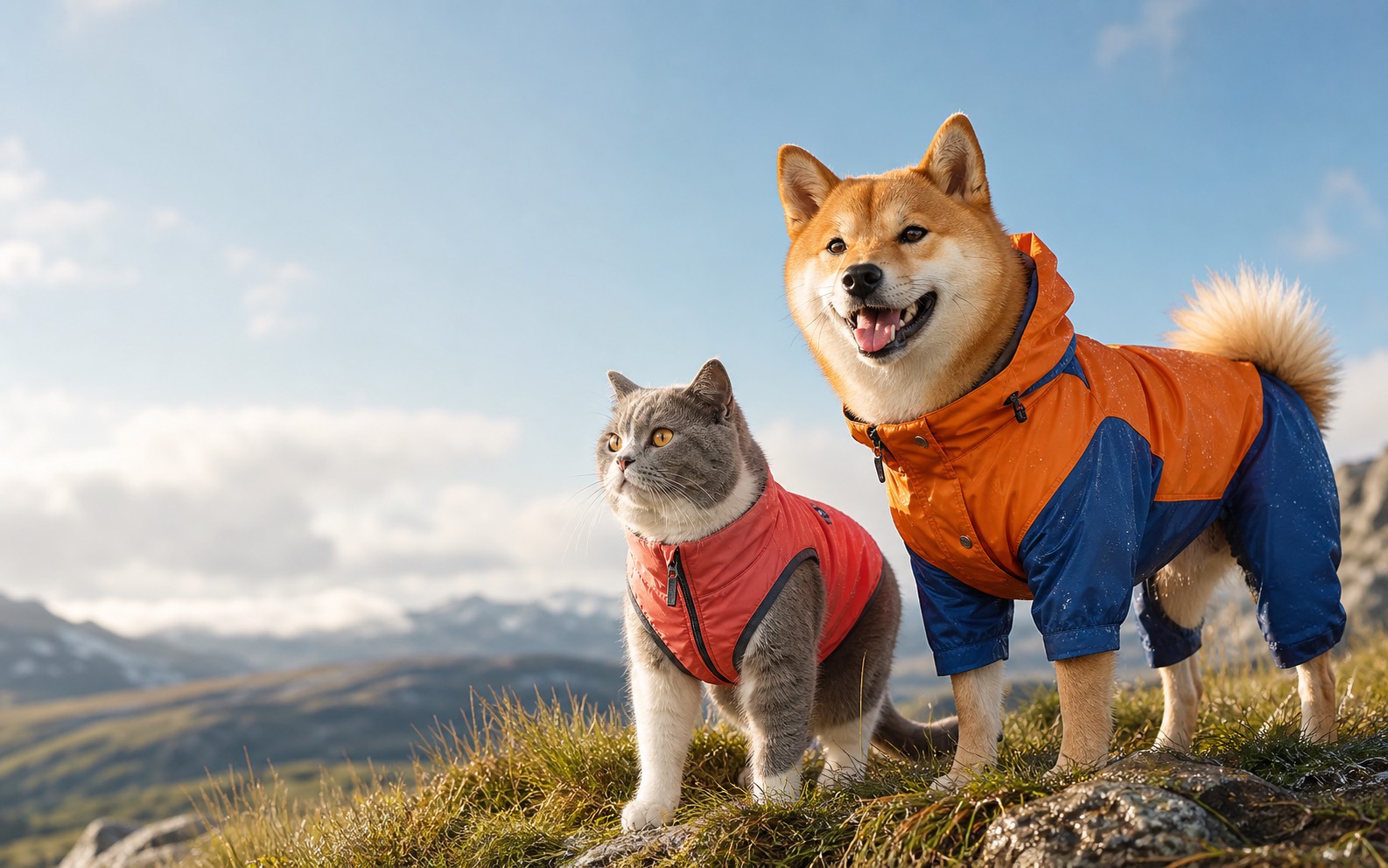 穿宠物冲锋衣的狗狗与猫咪